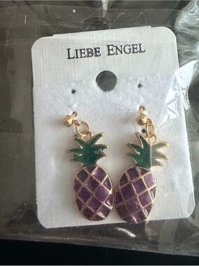 Gold-Tone Purple Pineapple Drop Earrings with Green Tops